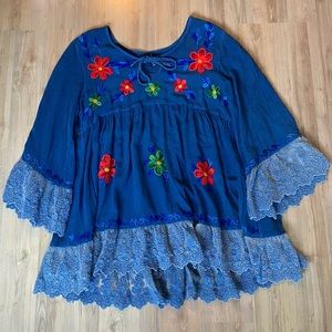 Sacred Threads Floral Blouse‎ Hippie Boho Lace Trim Empire Waist Smock Size S/M